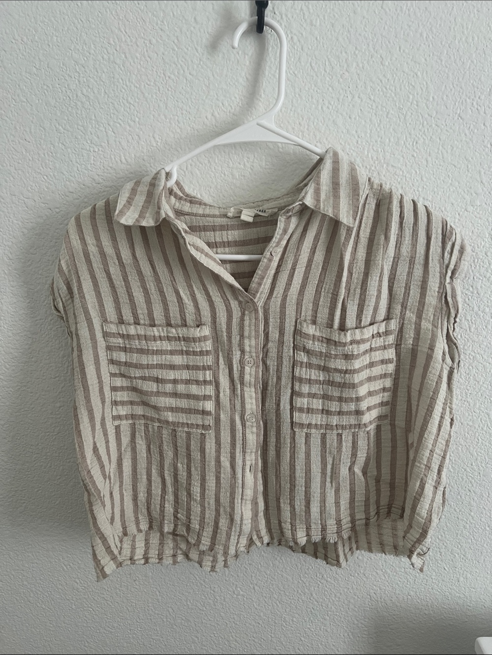 Striped Button-Front Linen Blend Crop Top - Beige/White